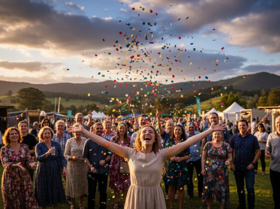 An epic moment of joyful attendees, diverse and animated, laughing and toasting under fairy lights at a vibrant outdoor evening event in Kalorama, with the misty Dandenong Ranges and a golden sunset creating a magical backdrop, captured dynamically from a low angle.