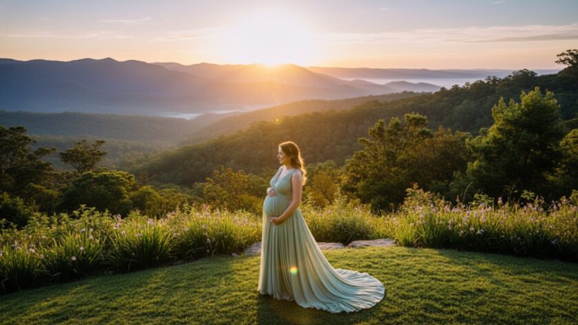 A stunning, wide-angle "epic moment" photograph from a Kalorama Dandenong Ranges maternity photoshoot outdoor, featuring a radiant pregnant woman silhouetted against a dramatic sunset over rolling hills in Kalorama, Victoria, capturing her beautiful bump and the serene landscape.