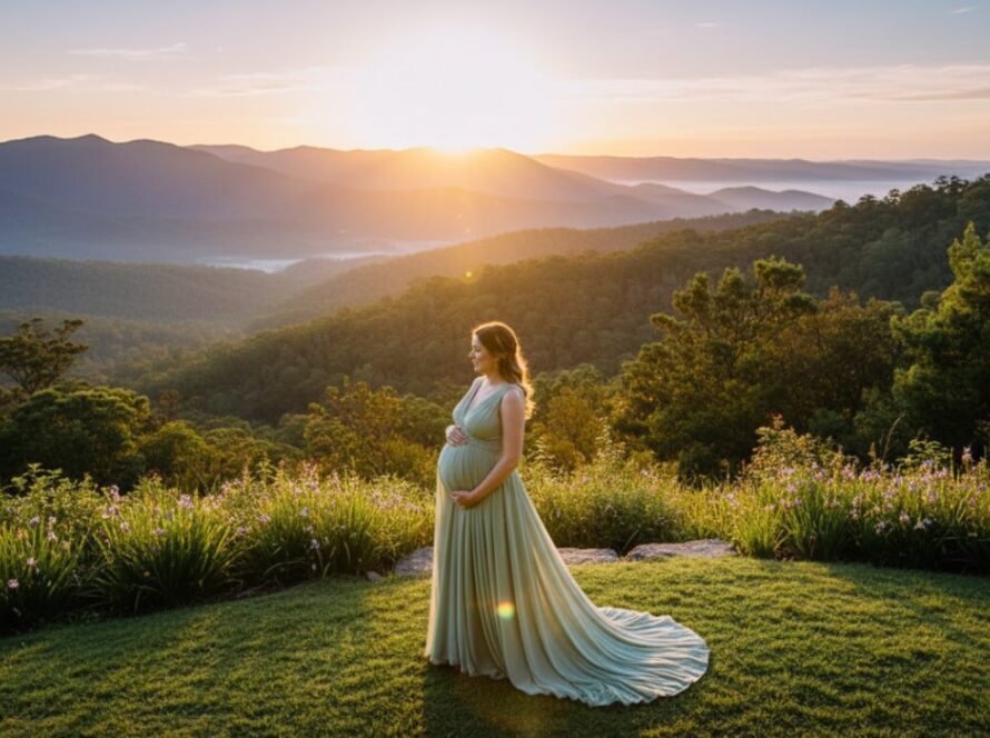 A stunning, wide-angle "epic moment" photograph from a Kalorama Dandenong Ranges maternity photoshoot outdoor, featuring a radiant pregnant woman silhouetted against a dramatic sunset over rolling hills in Kalorama, Victoria, capturing her beautiful bump and the serene landscape.