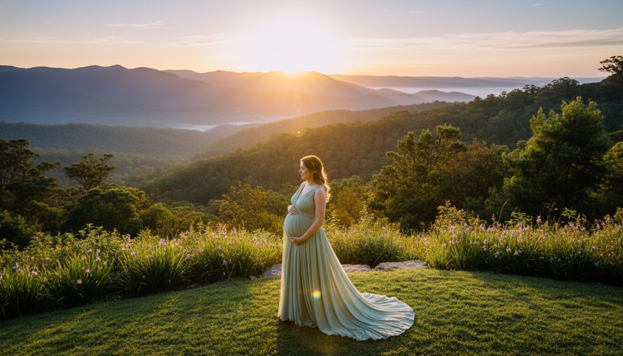 A stunning, wide-angle "epic moment" photograph from a Kalorama Dandenong Ranges maternity photoshoot outdoor, featuring a radiant pregnant woman silhouetted against a dramatic sunset over rolling hills in Kalorama, Victoria, capturing her beautiful bump and the serene landscape.