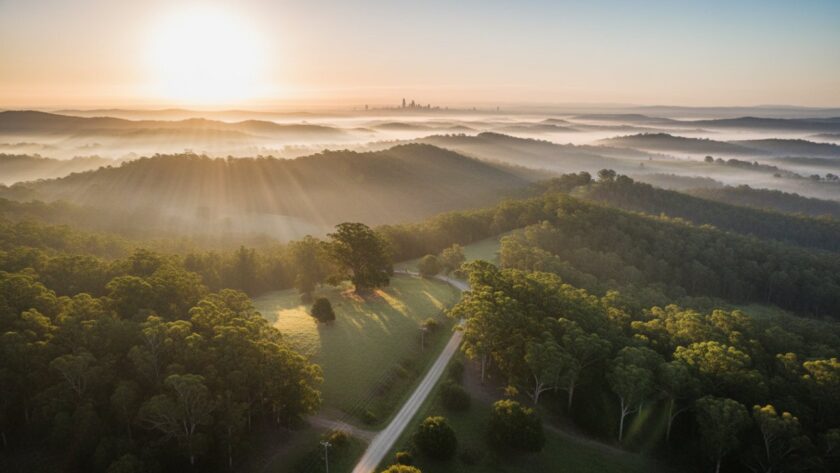 An epic moment captured by Kalorama drone photography majestic Dandenong Ranges landscapes, showing a dramatic sunset over rolling hills, mist-filled valleys, and distant Melbourne skyline, highlighting a scenic country road winding through the lush green foliage.