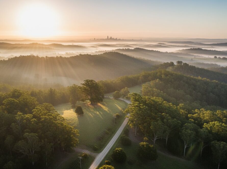 An epic moment captured by Kalorama drone photography majestic Dandenong Ranges landscapes, showing a dramatic sunset over rolling hills, mist-filled valleys, and distant Melbourne skyline, highlighting a scenic country road winding through the lush green foliage.