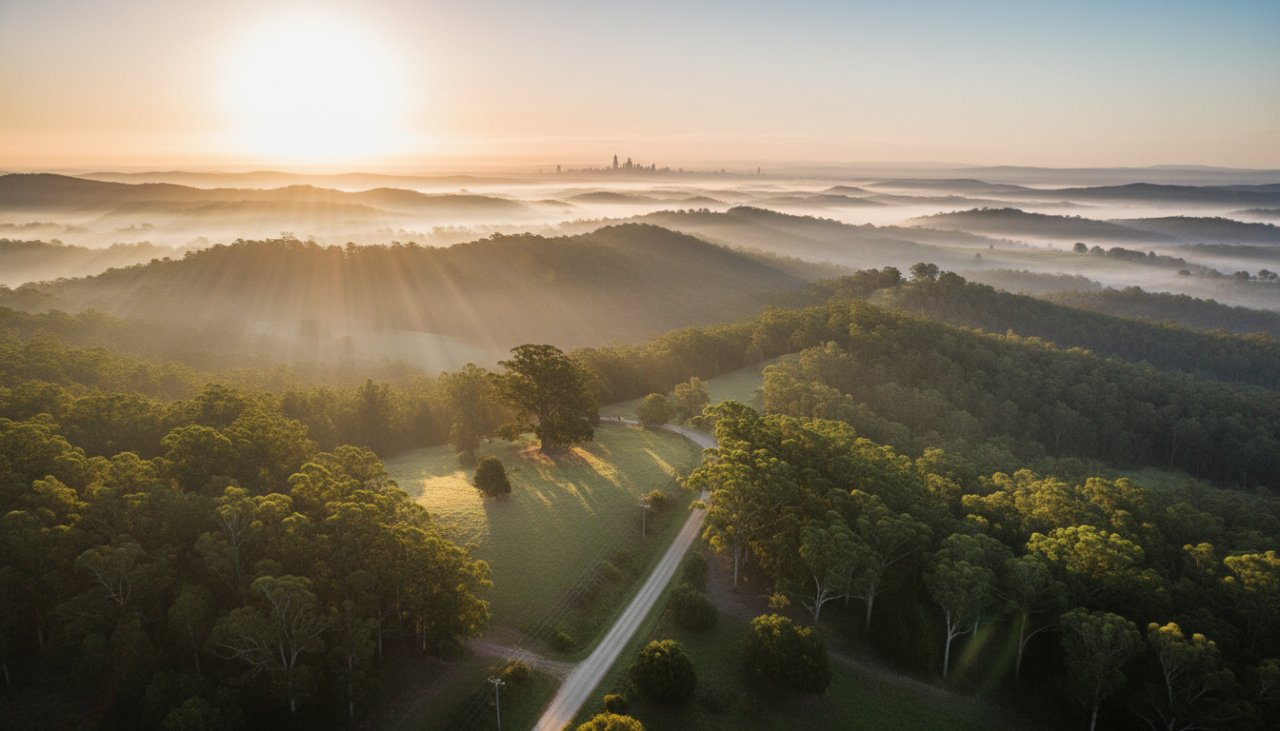 An epic moment captured by Kalorama drone photography majestic Dandenong Ranges landscapes, showing a dramatic sunset over rolling hills, mist-filled valleys, and distant Melbourne skyline, highlighting a scenic country road winding through the lush green foliage.