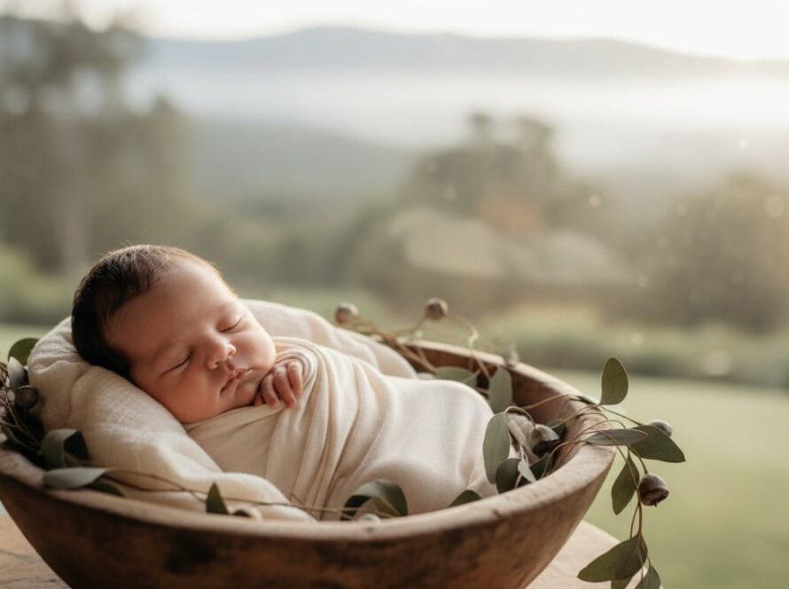 A serene and ethereal photograph capturing Kalorama newborn photography gentle moments, featuring a baby swaddled in soft organic fabric, nestled in a rustic wooden basket amidst a soft, glowing light, with a hint of the Dandenong Ranges' misty landscape in the background.