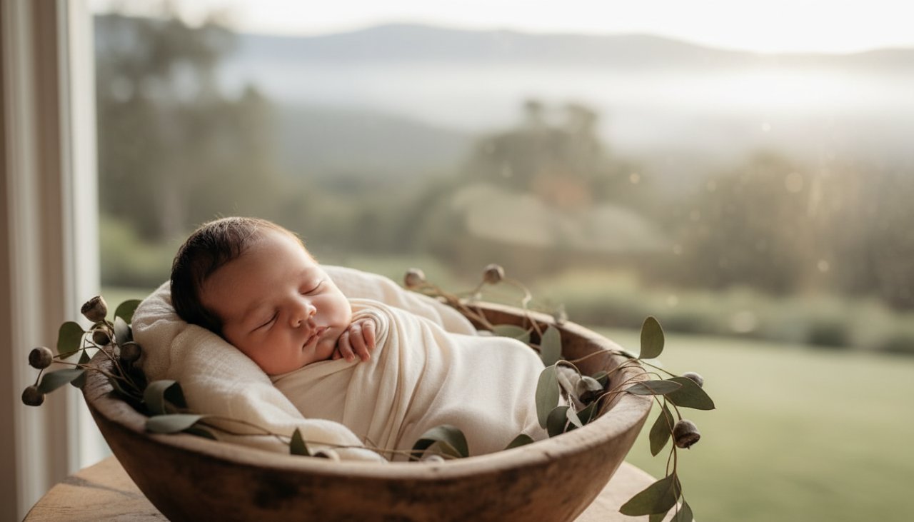 A serene and ethereal photograph capturing Kalorama newborn photography gentle moments, featuring a baby swaddled in soft organic fabric, nestled in a rustic wooden basket amidst a soft, glowing light, with a hint of the Dandenong Ranges' misty landscape in the background.