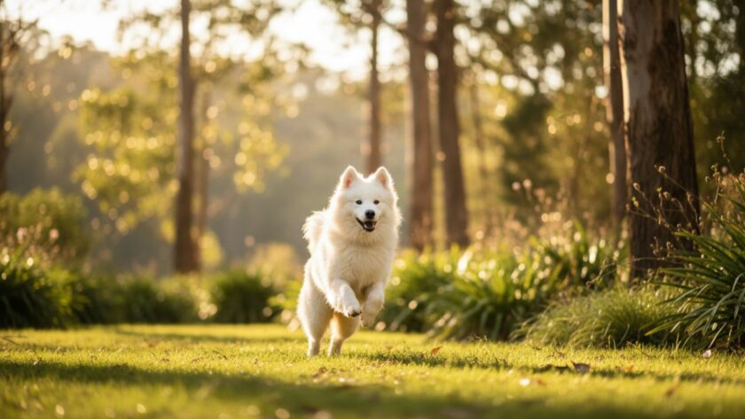 An epic moment from a Kalorama pet photography adventure, showcasing a Samoyed dog joyfully leaping through golden sunlight amidst native Australian bushland, its fur illuminated, capturing pure exuberance.