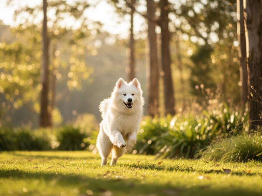 An epic moment from a Kalorama pet photography adventure, showcasing a Samoyed dog joyfully leaping through golden sunlight amidst native Australian bushland, its fur illuminated, capturing pure exuberance.