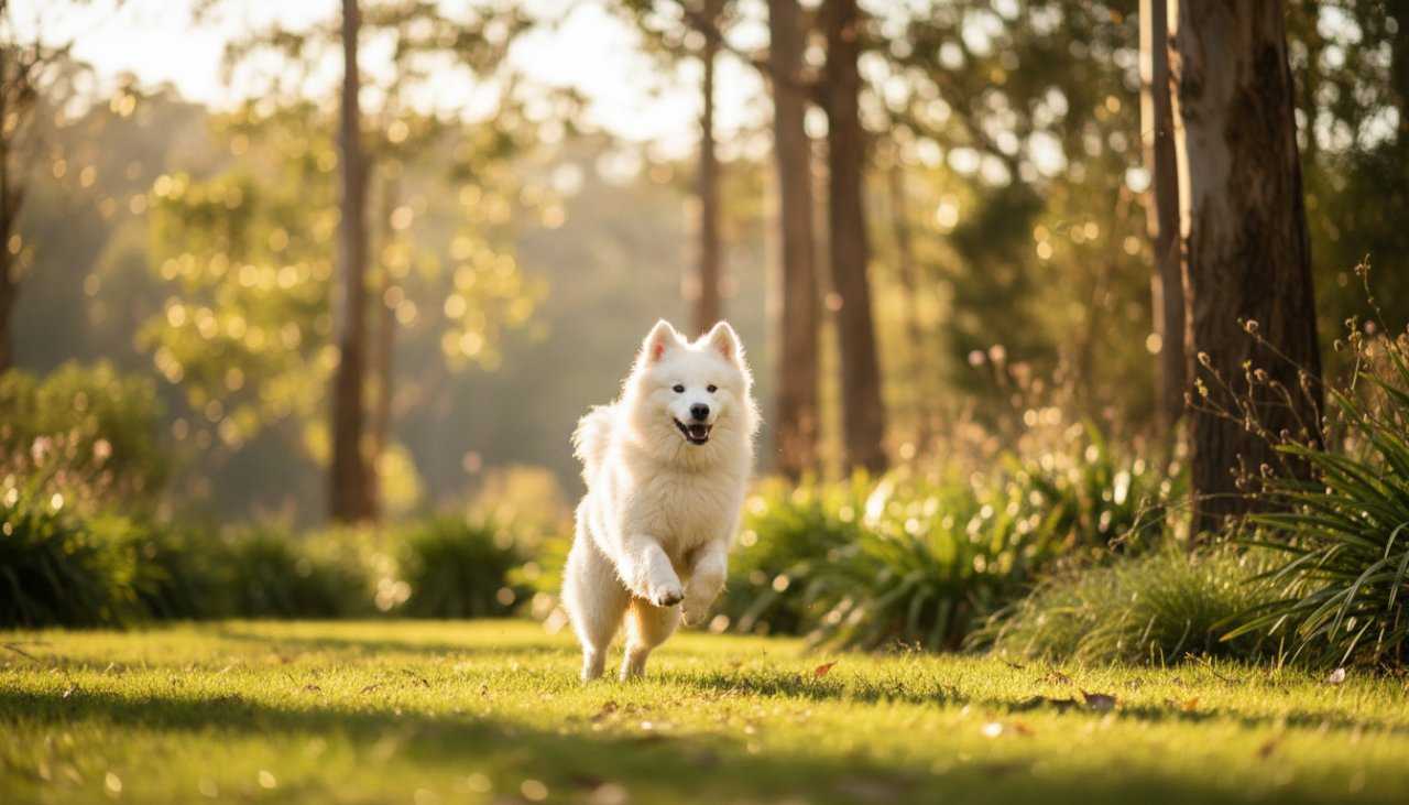 An epic moment from a Kalorama pet photography adventure, showcasing a Samoyed dog joyfully leaping through golden sunlight amidst native Australian bushland, its fur illuminated, capturing pure exuberance.