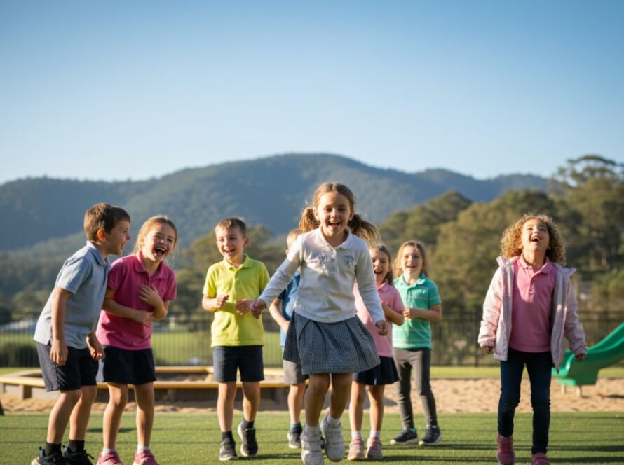 An energetic wide-angle shot of a group of Kalorama primary school children joyfully running and laughing together on their school oval, with the Dandenong Ranges hills in the background, perfectly capturing candid moments of childhood happiness.