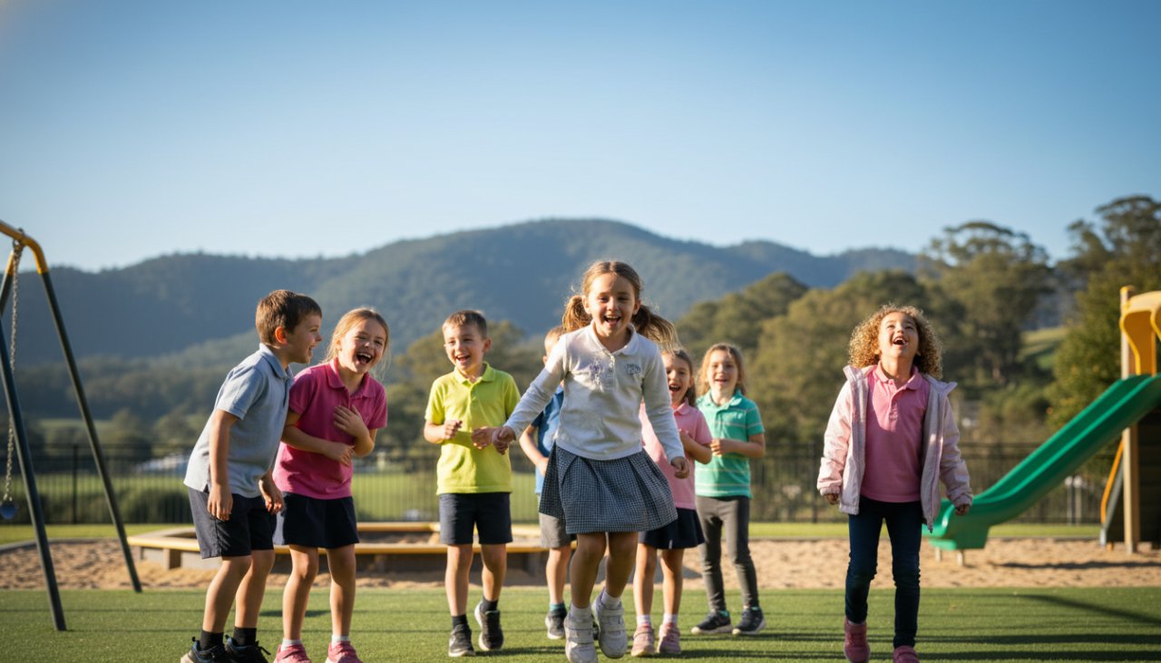 An energetic wide-angle shot of a group of Kalorama primary school children joyfully running and laughing together on their school oval, with the Dandenong Ranges hills in the background, perfectly capturing candid moments of childhood happiness.