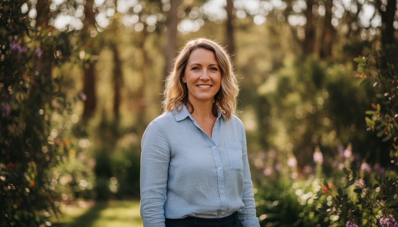 A striking Kalorama professional headshot capturing authentic presence, featuring a confident subject smiling genuinely amidst the soft, dappled light of Kalorama's natural bushland, showcasing professionalism and approachability.