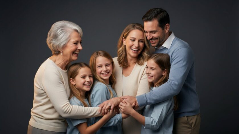 A heartwarming, cinematic Kalorama studio photography for unique family portraits moment, capturing a multi-generational family laughing joyfully amidst soft, warm lighting, showcasing their genuine connection.