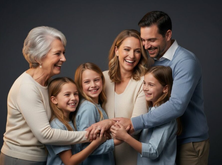 A heartwarming, cinematic Kalorama studio photography for unique family portraits moment, capturing a multi-generational family laughing joyfully amidst soft, warm lighting, showcasing their genuine connection.
