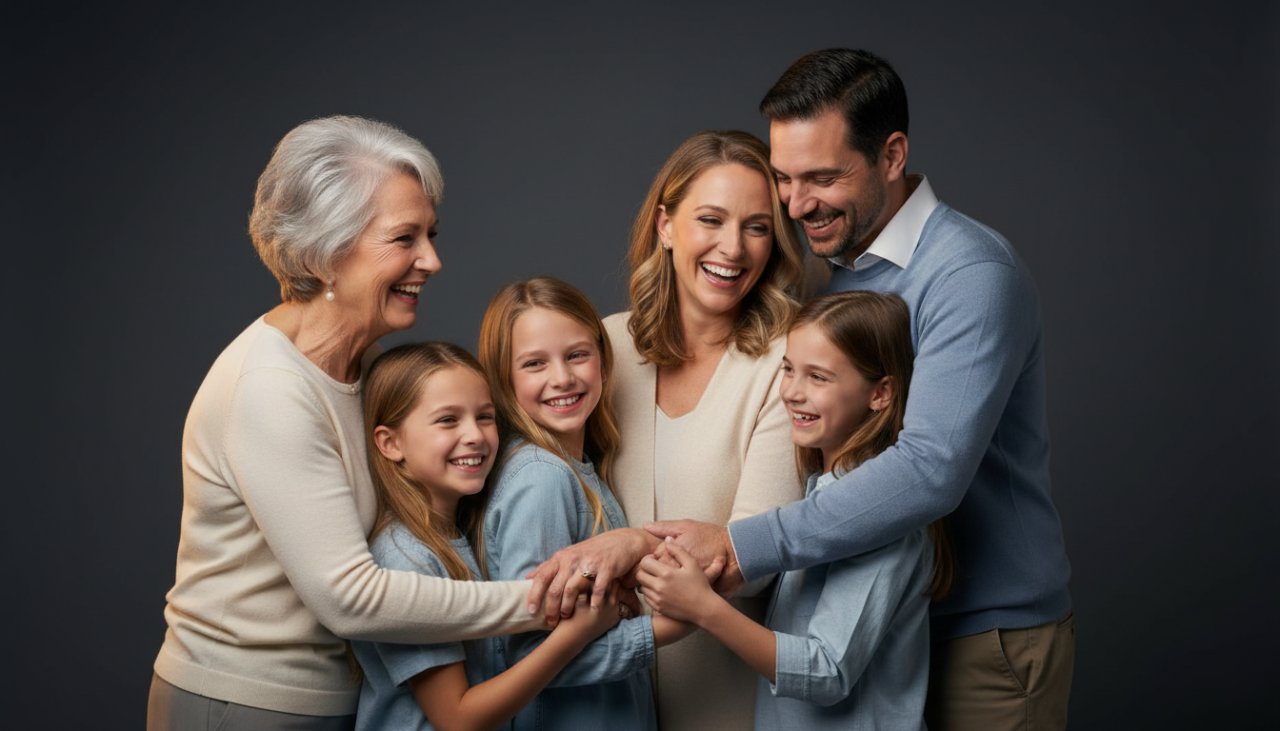 A heartwarming, cinematic Kalorama studio photography for unique family portraits moment, capturing a multi-generational family laughing joyfully amidst soft, warm lighting, showcasing their genuine connection.