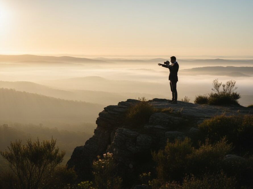A dramatic wide-angle shot capturing the essence of Kalorama Victoria editorial photography storytelling: a high-fashion model silhouetted against a misty Dandenong Ranges sunrise, light filtering through ancient eucalypts, conveying a powerful and ethereal narrative. An epic moment of creative collaboration.