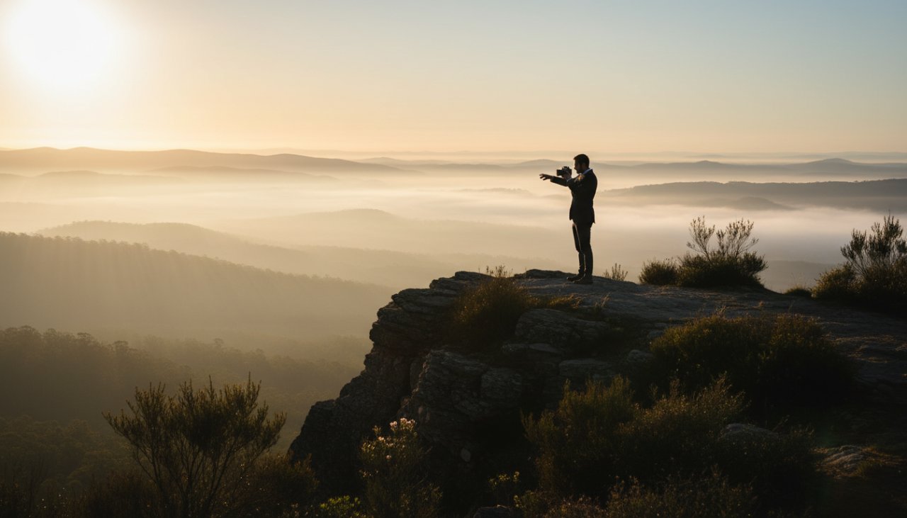A dramatic wide-angle shot capturing the essence of Kalorama Victoria editorial photography storytelling: a high-fashion model silhouetted against a misty Dandenong Ranges sunrise, light filtering through ancient eucalypts, conveying a powerful and ethereal narrative. An epic moment of creative collaboration.