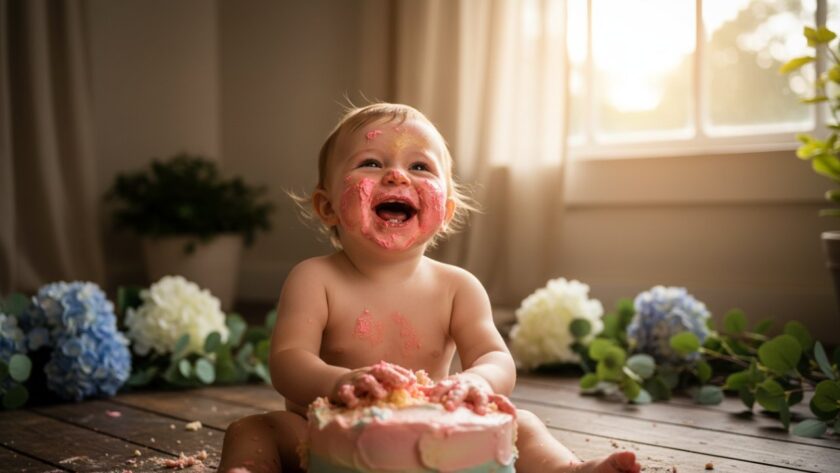 An adorable baby laughing amidst a colorful, messy cake smash in a sun-drenched Kalorama studio, capturing the joyful Kalorama Victoria first birthday cake smash photography moment with frosting on their face and hands.