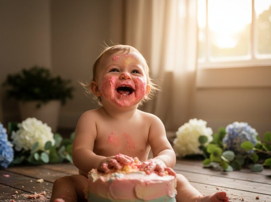 An adorable baby laughing amidst a colorful, messy cake smash in a sun-drenched Kalorama studio, capturing the joyful Kalorama Victoria first birthday cake smash photography moment with frosting on their face and hands.