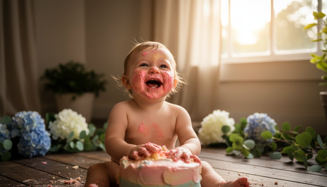 An adorable baby laughing amidst a colorful, messy cake smash in a sun-drenched Kalorama studio, capturing the joyful Kalorama Victoria first birthday cake smash photography moment with frosting on their face and hands.