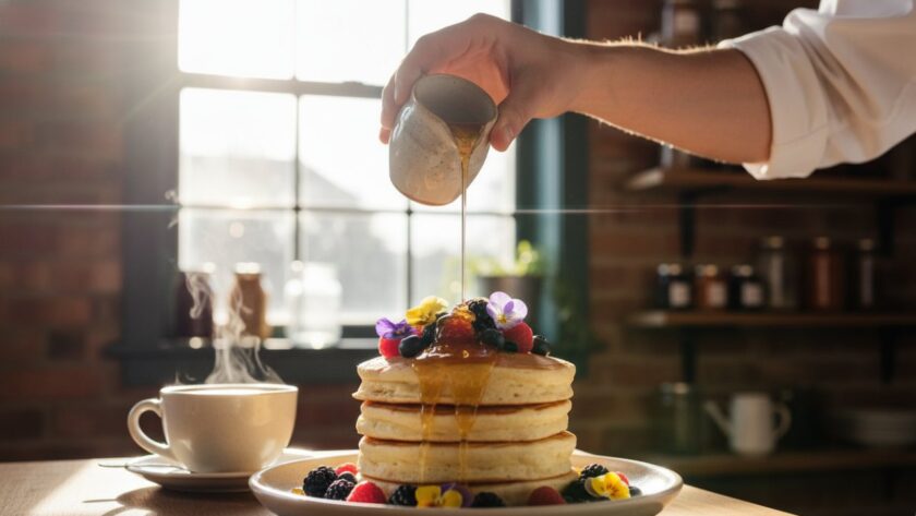 A close-up, warm-toned, cinematic shot showcasing Kalorama's best artisanal food photography for local cafes, featuring a beautifully plated brunch dish with golden light, highlighting steam rising from a coffee cup, set against a rustic wooden table inside a cosy Kalorama cafe.