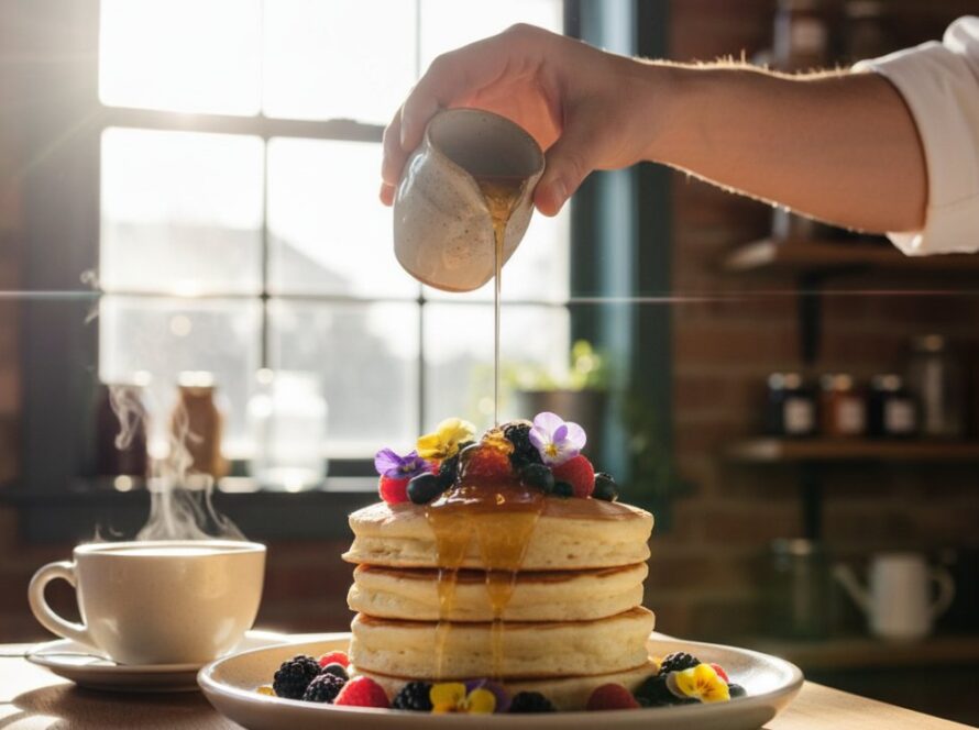 A close-up, warm-toned, cinematic shot showcasing Kalorama's best artisanal food photography for local cafes, featuring a beautifully plated brunch dish with golden light, highlighting steam rising from a coffee cup, set against a rustic wooden table inside a cosy Kalorama cafe.