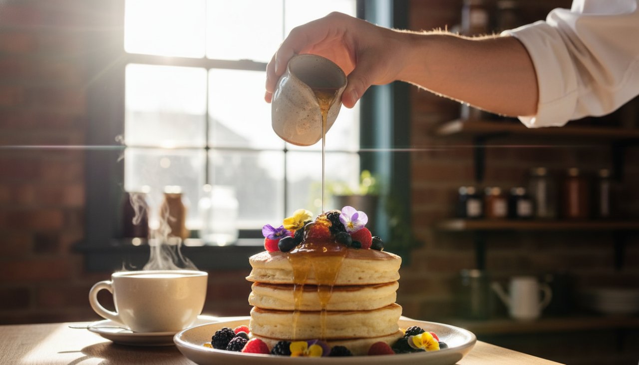 A close-up, warm-toned, cinematic shot showcasing Kalorama's best artisanal food photography for local cafes, featuring a beautifully plated brunch dish with golden light, highlighting steam rising from a coffee cup, set against a rustic wooden table inside a cosy Kalorama cafe.