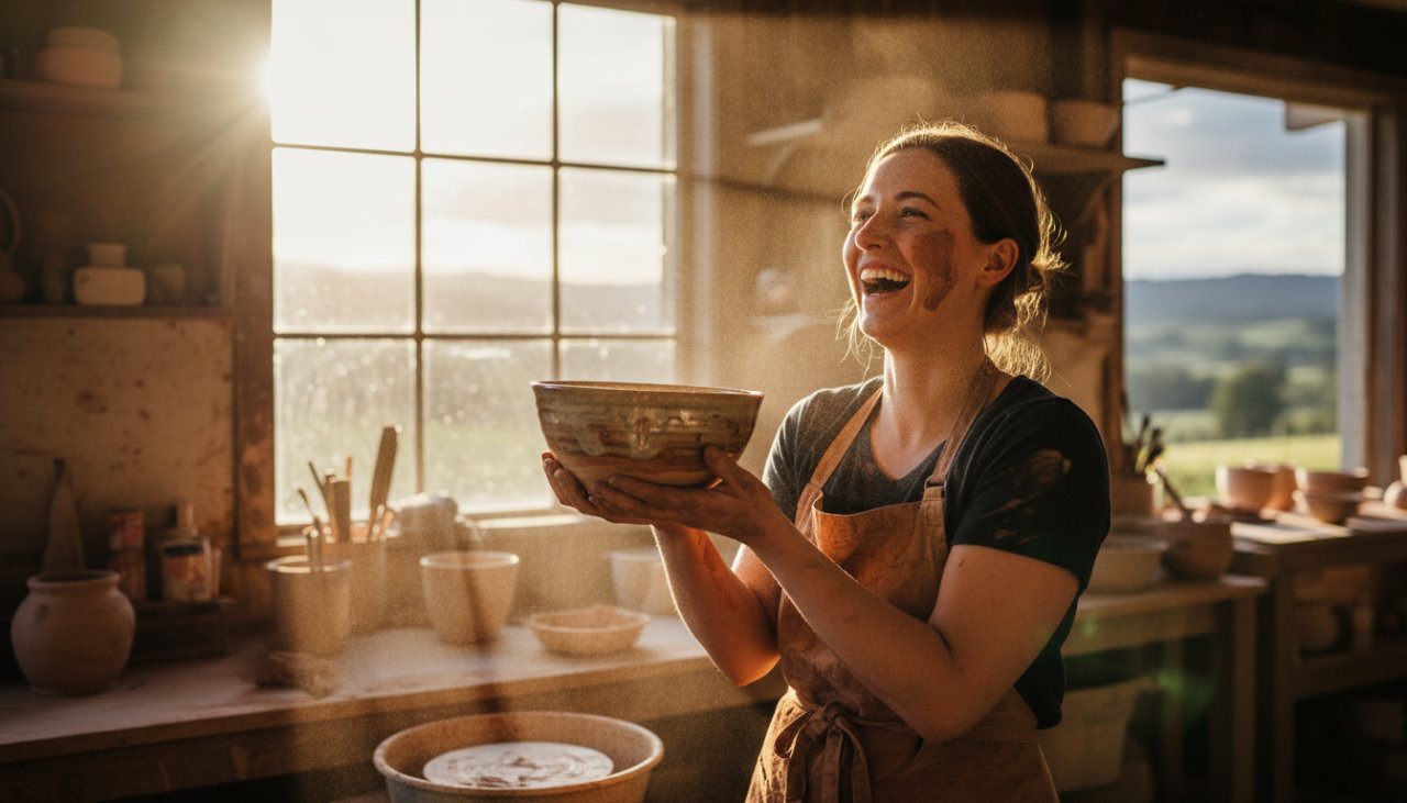 An inspiring wide-angle shot of a passionate artisan entrepreneur showcasing their unique handcrafted product at a sun-drenched market stall in Launching, Victoria, embodying authentic branding photography for local businesses, with the vibrant Yarra Valley landscape in the background, captured during a genuine interaction with a customer.