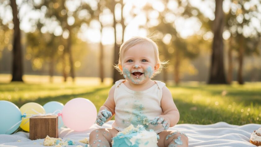 Epic moment of a joyful baby with a frosting-smeared face, covered in cake, laughing amidst a whimsical, pastel-decorated outdoor setting in Launching, Victoria. The scene captures the authentic cake smash first birthday celebration, bathed in soft, natural sunlight.