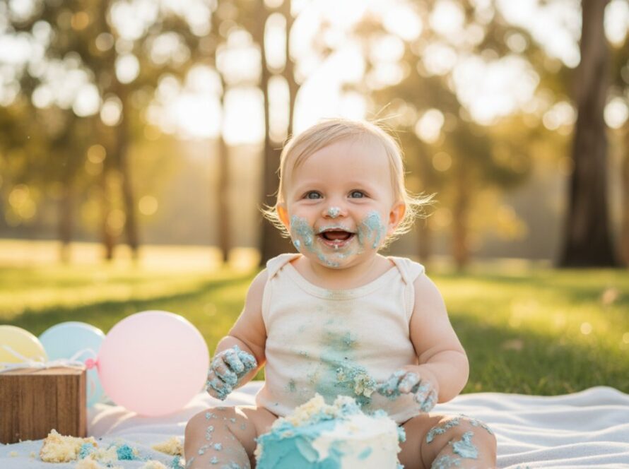 Epic moment of a joyful baby with a frosting-smeared face, covered in cake, laughing amidst a whimsical, pastel-decorated outdoor setting in Launching, Victoria. The scene captures the authentic cake smash first birthday celebration, bathed in soft, natural sunlight.