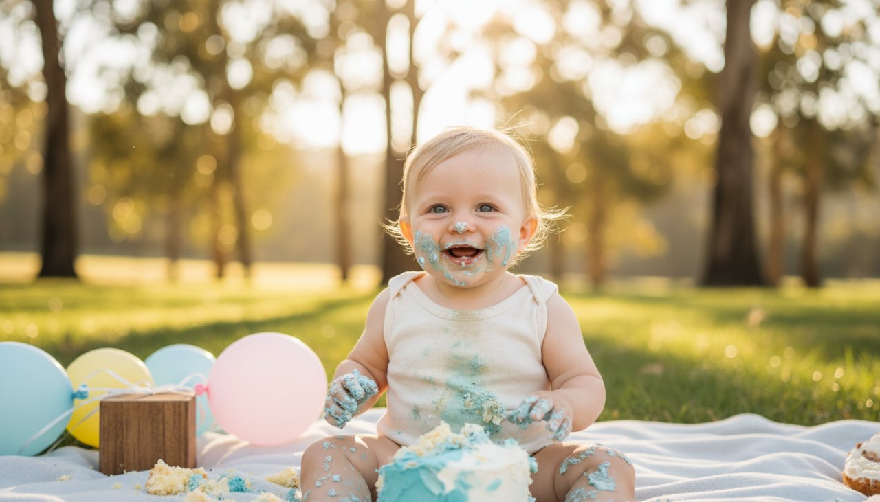 Epic moment of a joyful baby with a frosting-smeared face, covered in cake, laughing amidst a whimsical, pastel-decorated outdoor setting in Launching, Victoria. The scene captures the authentic cake smash first birthday celebration, bathed in soft, natural sunlight.