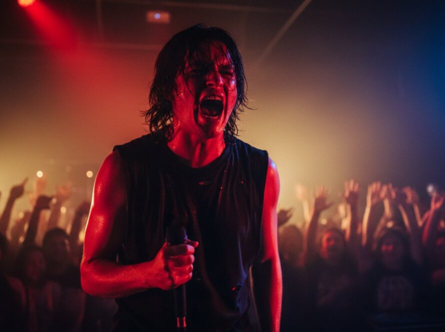 An electrifying moment captured during Launching Victoria concert photography electrifying moments, showing a lead singer mid-scream under dramatic stage lighting with a vibrant crowd in silhouette.