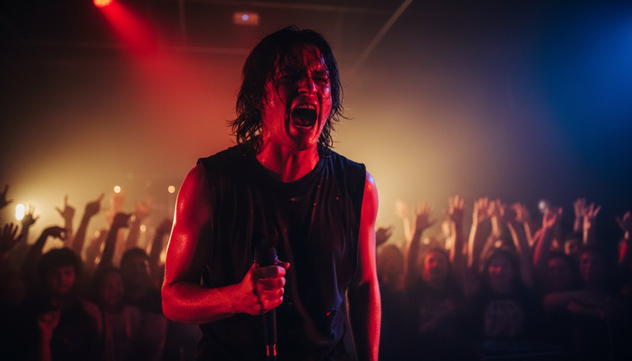 An electrifying moment captured during Launching Victoria concert photography electrifying moments, showing a lead singer mid-scream under dramatic stage lighting with a vibrant crowd in silhouette.