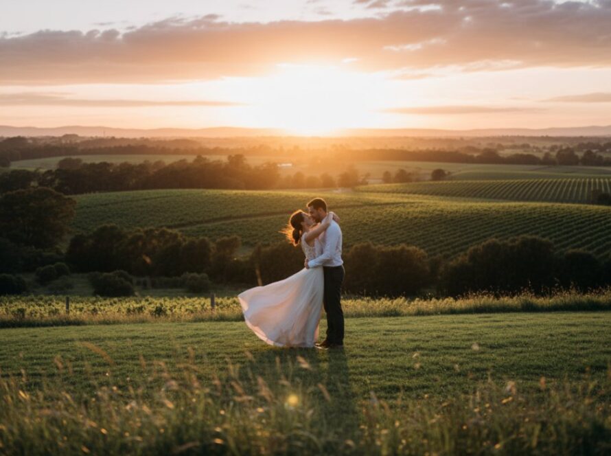 An engaged couple sharing a tender moment amidst the rolling hills of Launching, Victoria, showcasing the beauty of Launching Victoria Engagement Photography Yarra Ranges, with golden hour light.