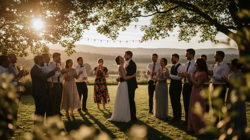 A candid, wide-angle photograph capturing an emotionally resonant, epic moment during an outdoor wedding reception in Launching, Victoria. Guests are laughing and raising glasses under twinkling fairy lights as the sun sets over distant Dandenong Ranges foothills, embodying Launching Victoria event photography memorable moments. The couple embraces in the foreground, illuminated by warm, golden hour light.