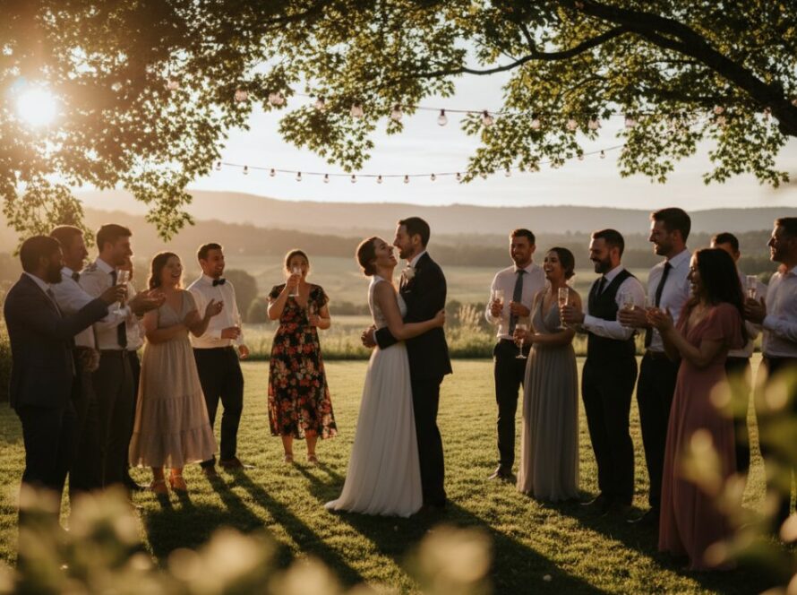 A candid, wide-angle photograph capturing an emotionally resonant, epic moment during an outdoor wedding reception in Launching, Victoria. Guests are laughing and raising glasses under twinkling fairy lights as the sun sets over distant Dandenong Ranges foothills, embodying Launching Victoria event photography memorable moments. The couple embraces in the foreground, illuminated by warm, golden hour light.