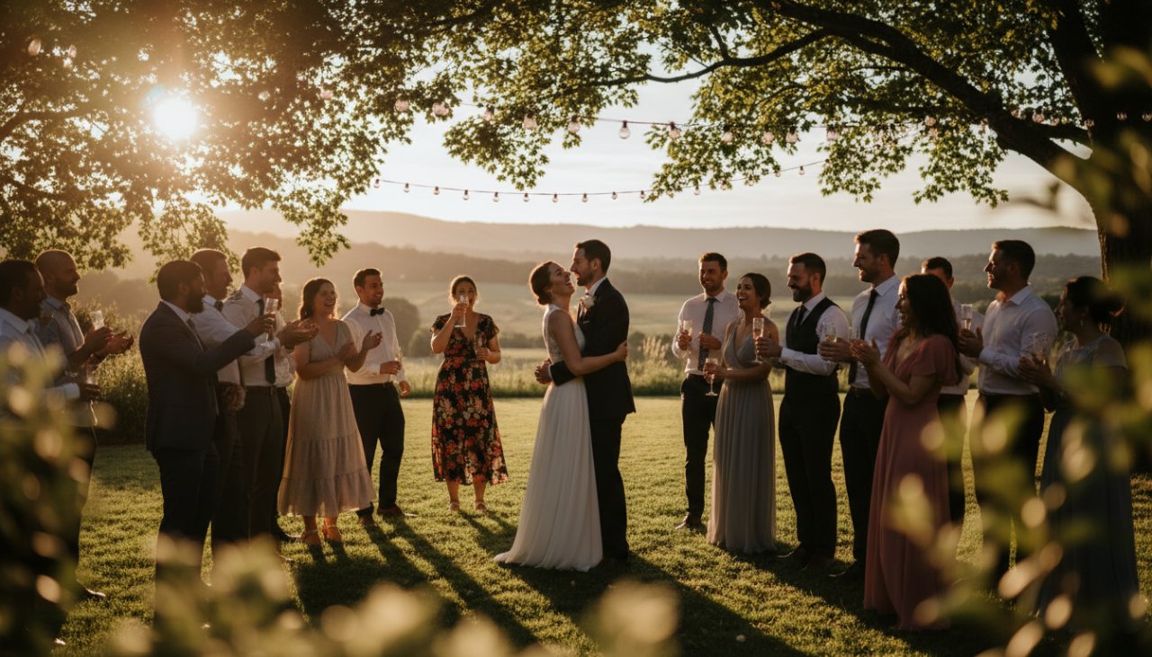 A candid, wide-angle photograph capturing an emotionally resonant, epic moment during an outdoor wedding reception in Launching, Victoria. Guests are laughing and raising glasses under twinkling fairy lights as the sun sets over distant Dandenong Ranges foothills, embodying Launching Victoria event photography memorable moments. The couple embraces in the foreground, illuminated by warm, golden hour light.