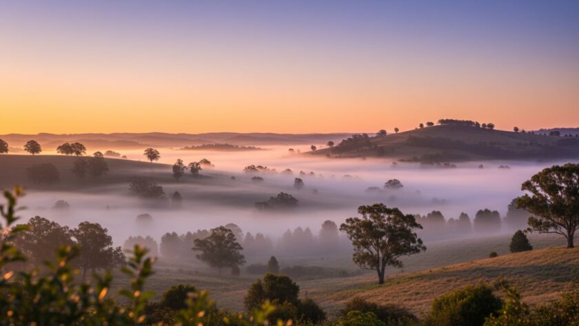 A dramatic, wide-angle fine art landscape photograph captured in Launching, Victoria, showcasing the rolling hills bathed in golden hour light with misty valleys and a stunning sunset creating an epic moment of natural grandeur.