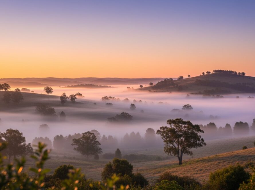 A dramatic, wide-angle fine art landscape photograph captured in Launching, Victoria, showcasing the rolling hills bathed in golden hour light with misty valleys and a stunning sunset creating an epic moment of natural grandeur.