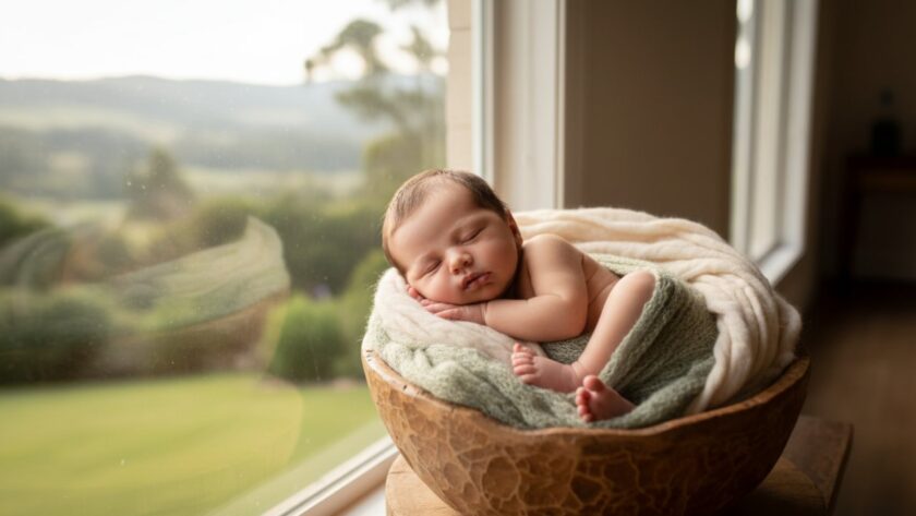 A serene and ethereal photograph capturing Launching Victoria newborn photography gentle artistry, featuring a sleeping baby cradled by gentle hands, bathed in soft, natural window light, evoking peace and new beginnings.