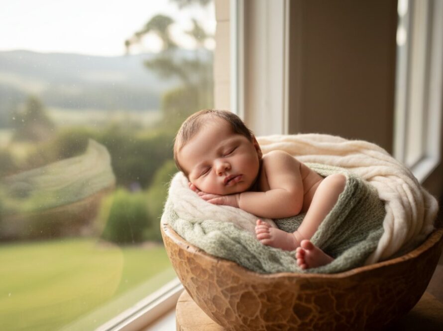 A serene and ethereal photograph capturing Launching Victoria newborn photography gentle artistry, featuring a sleeping baby cradled by gentle hands, bathed in soft, natural window light, evoking peace and new beginnings.