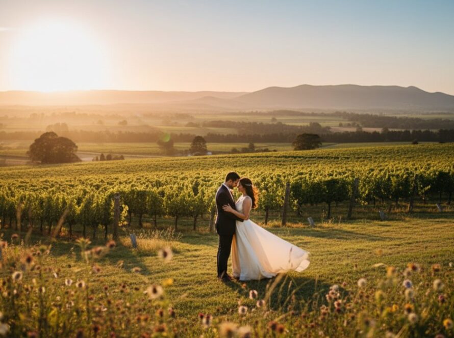 An epic moment capture of a couple embracing amidst a vibrant sunset over a vineyard in Launching, Victoria, showcasing the stunning Launching Victoria pre-wedding photoshoot locations.