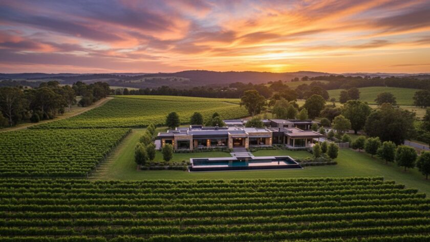 An epic aerial view showcasing a sprawling luxury rural property in Launching, Victoria, Australia, at sunset, highlighting its expansive vineyards, elegant homestead, and manicured gardens. This scene epitomizes Launching Victoria real estate photography for luxury rural properties, capturing the golden hour's glow and the property's grandeur.