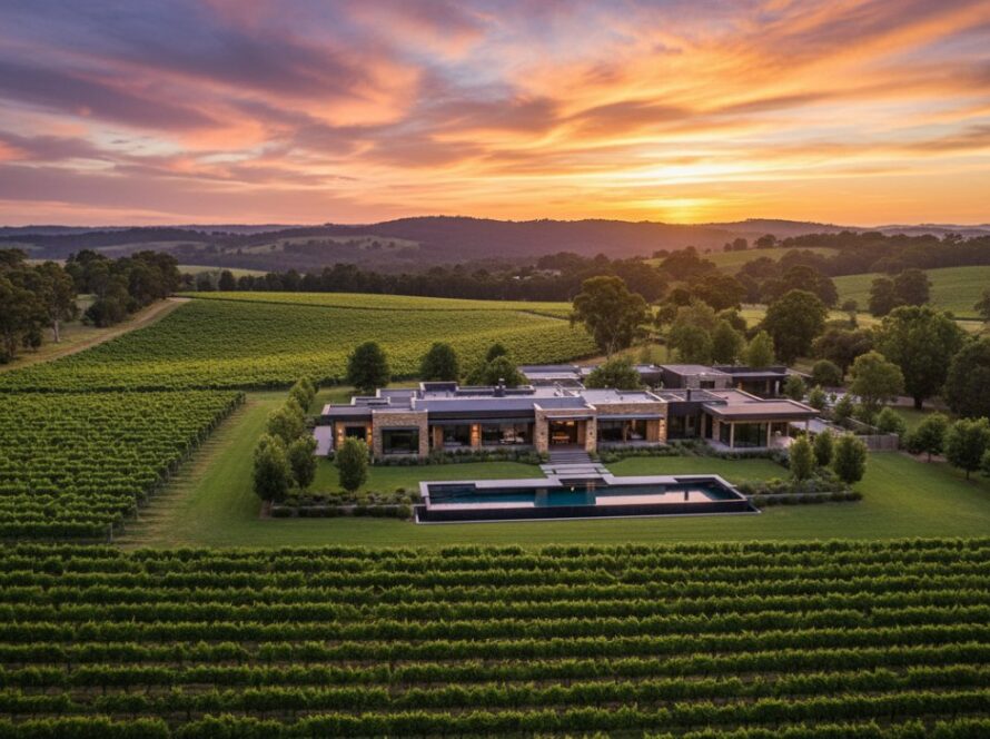 An epic aerial view showcasing a sprawling luxury rural property in Launching, Victoria, Australia, at sunset, highlighting its expansive vineyards, elegant homestead, and manicured gardens. This scene epitomizes Launching Victoria real estate photography for luxury rural properties, capturing the golden hour's glow and the property's grandeur.