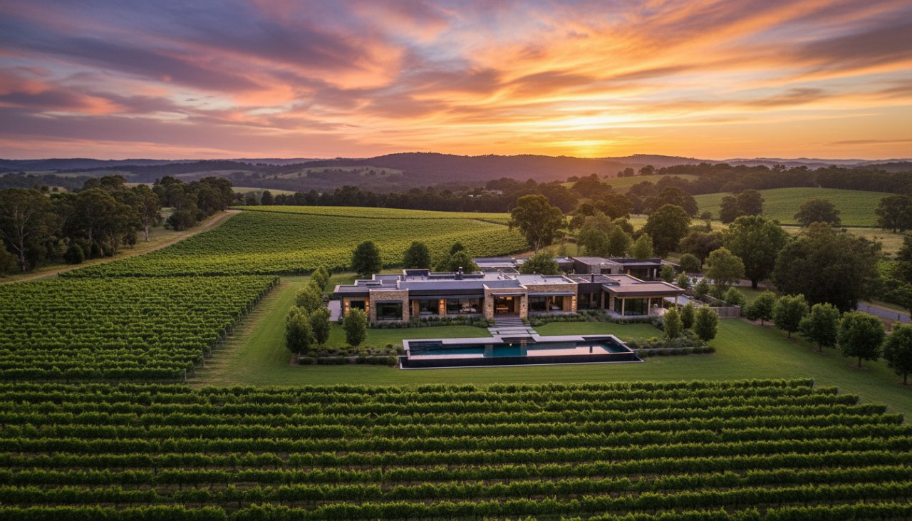 An epic aerial view showcasing a sprawling luxury rural property in Launching, Victoria, Australia, at sunset, highlighting its expansive vineyards, elegant homestead, and manicured gardens. This scene epitomizes Launching Victoria real estate photography for luxury rural properties, capturing the golden hour's glow and the property's grandeur.