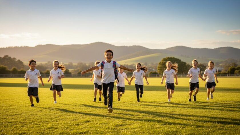 A candid, heartwarming photograph capturing a group of happy primary school children from Launching Victoria sharing a laugh during their professional school photography unforgettable portraits session, bathed in warm afternoon light at a local park.