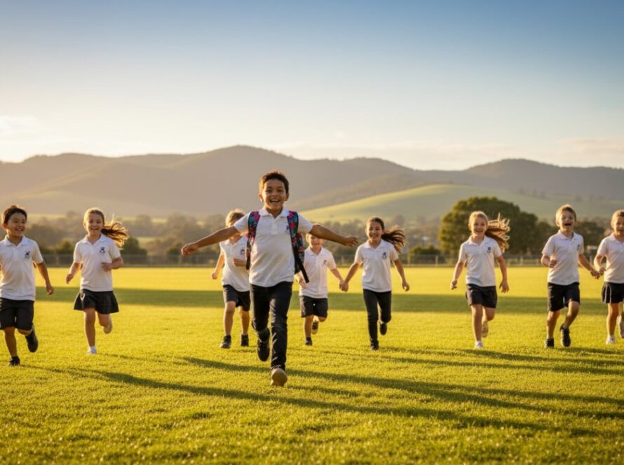 A candid, heartwarming photograph capturing a group of happy primary school children from Launching Victoria sharing a laugh during their professional school photography unforgettable portraits session, bathed in warm afternoon light at a local park.