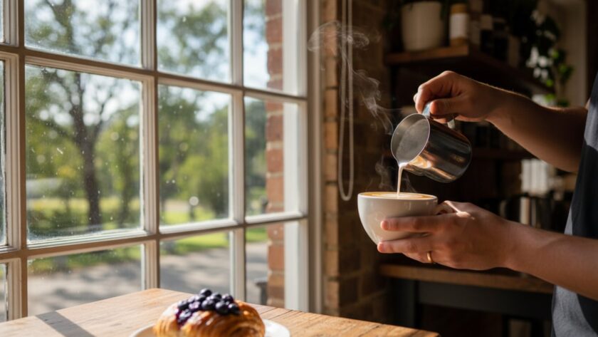 An expert close-up shot of a beautifully plated, steaming hot gourmet dish, possibly a brunch item, captured with natural morning light streaming into a charming Belgrave Heights cafe, showcasing the intricate textures and vibrant colours. This image exemplifies exceptional Local Belgrave Heights café food photography storytelling, making the food irresistibly appealing.