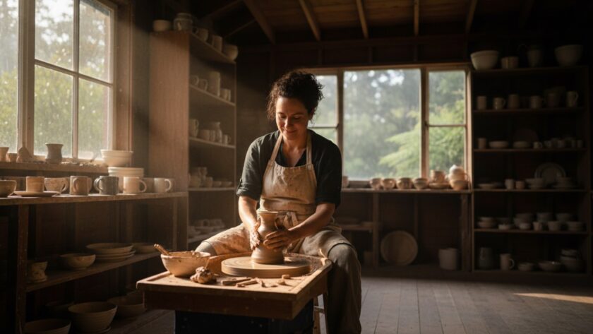 An 'epic moment' photograph of a local artisan in Ferny Creek, Victoria, meticulously crafting a unique pottery piece in their sun-drenched studio, perfectly representing local Ferny Creek commercial photography for brand storytelling with a focus on authentic craftsmanship and community spirit.