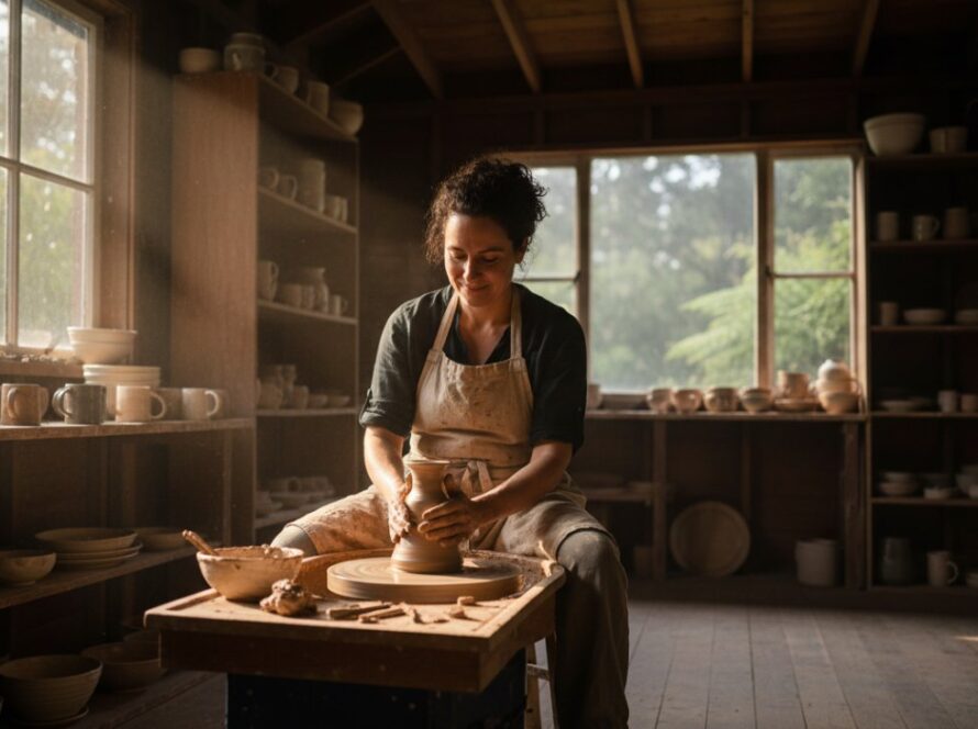 An 'epic moment' photograph of a local artisan in Ferny Creek, Victoria, meticulously crafting a unique pottery piece in their sun-drenched studio, perfectly representing local Ferny Creek commercial photography for brand storytelling with a focus on authentic craftsmanship and community spirit.
