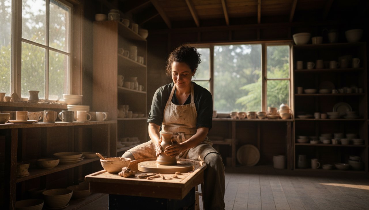 An 'epic moment' photograph of a local artisan in Ferny Creek, Victoria, meticulously crafting a unique pottery piece in their sun-drenched studio, perfectly representing local Ferny Creek commercial photography for brand storytelling with a focus on authentic craftsmanship and community spirit.
